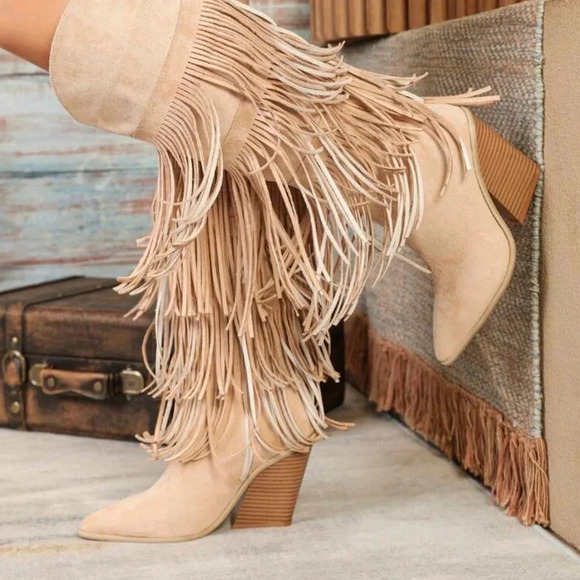 Geometric Fringe Decor Side Zipper Faux Suede Chunky Heel Resort Boots